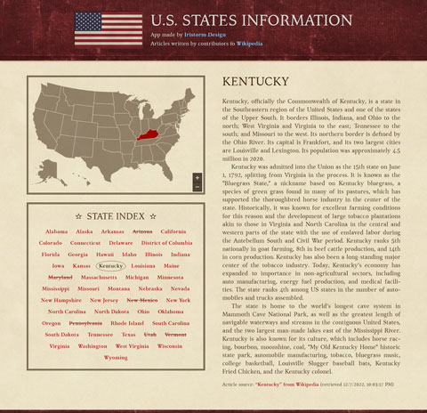 Screenshot of the U.S. States Information app