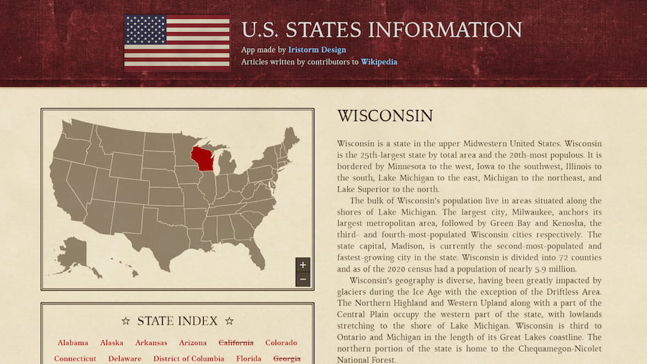 Screenshot of U.S. States Information app