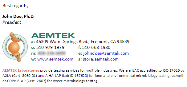 Screenshot of AEMTEK email signature