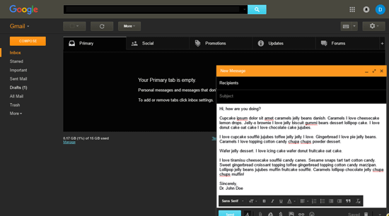 Screenshot of Gmail with compose email box in Darkness's Monokai theme
