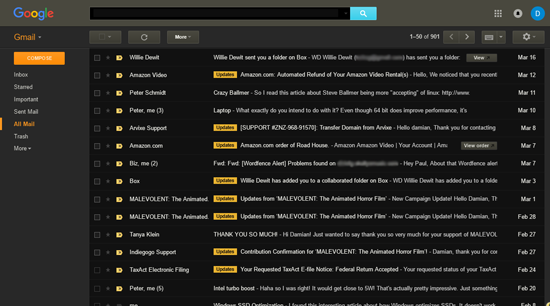 Screenshot of Gmail using Darkness's Monokai theme