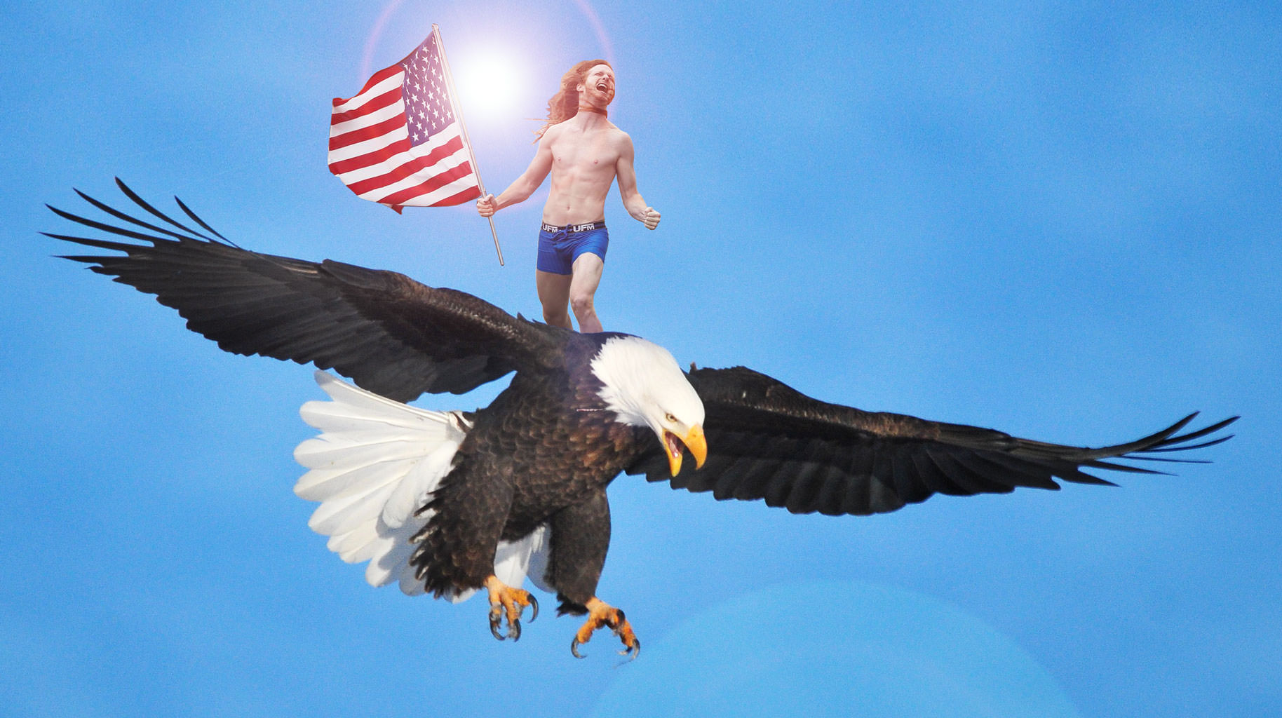 My original version of “Patriotic Underwear Guy on Giant Bald Eagle”