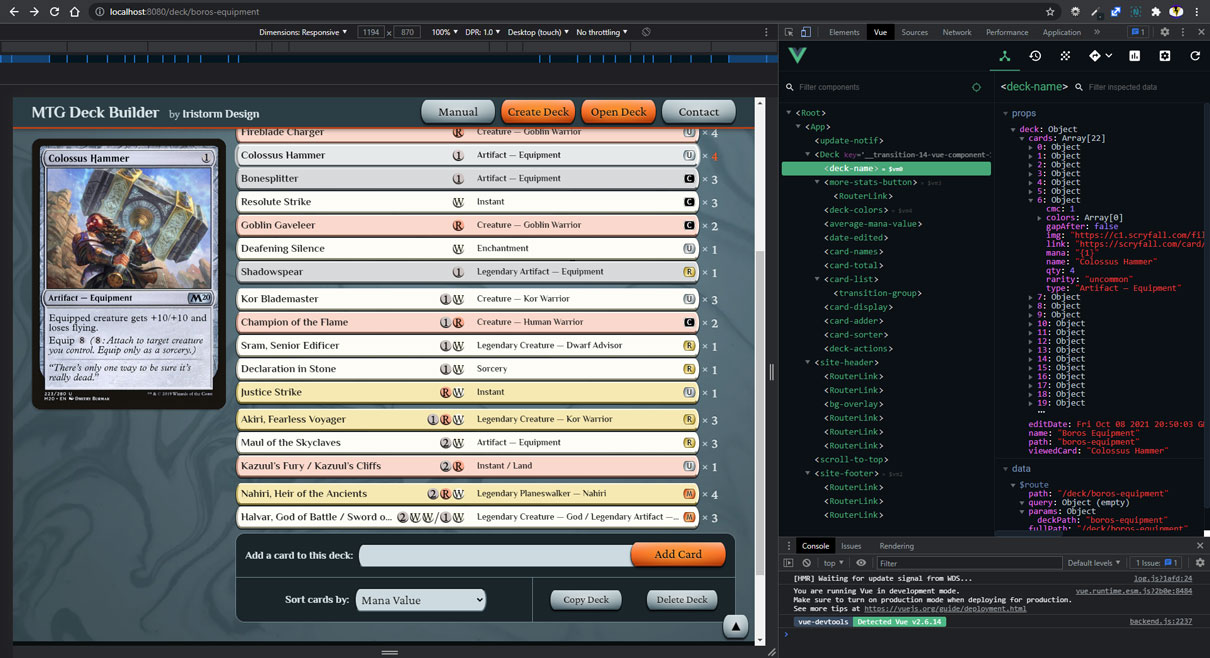 Screenshot of Google Chrome with a page of MTG Deck Builder on the left and Vue.js dev tools on the right