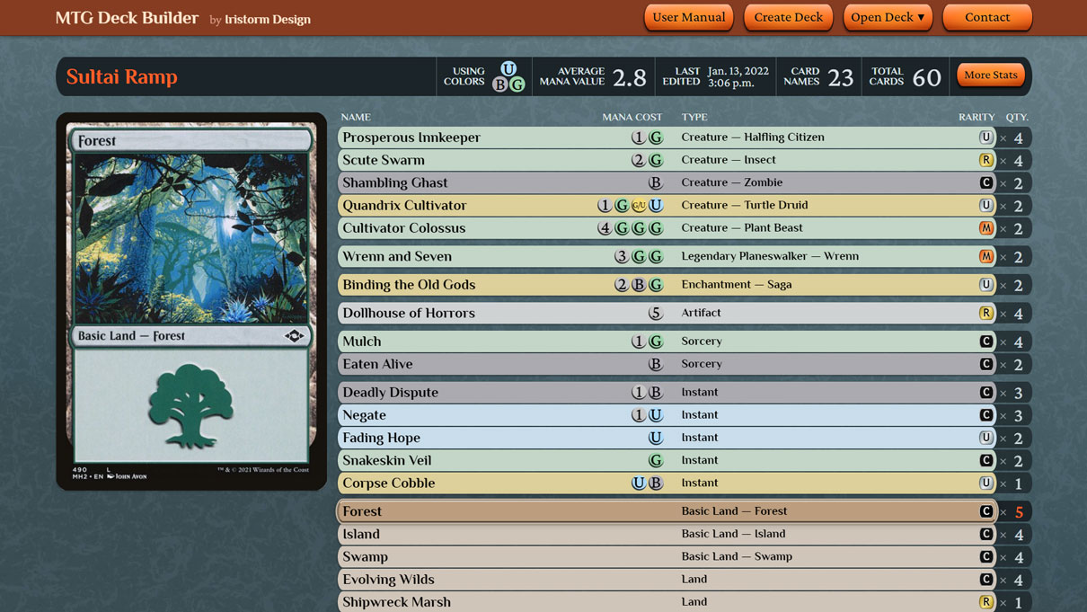 Screenshot of a deck page on MTG Carpenter